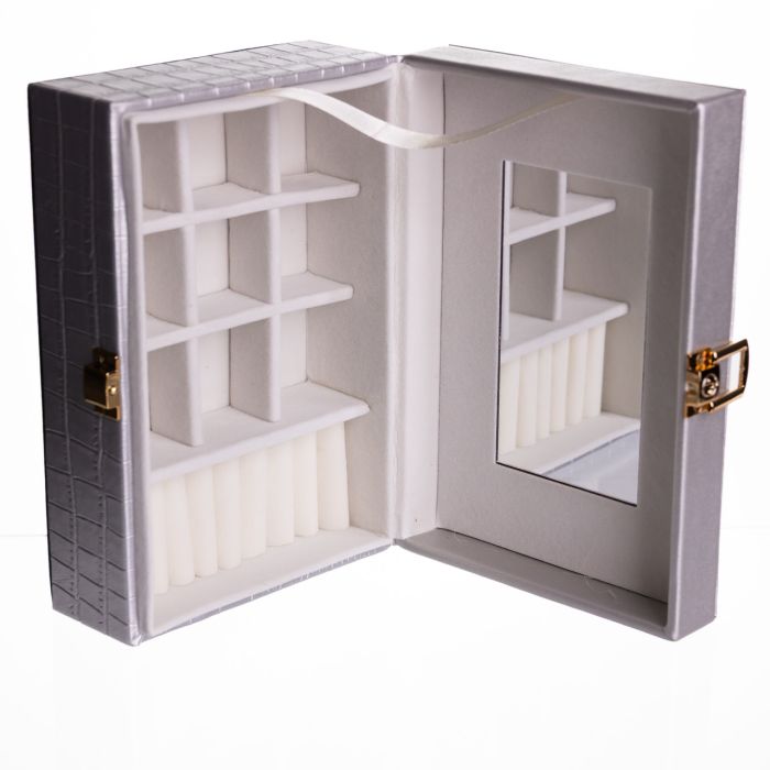 Скринька для прикрас з еко шкіри 10 відділень з дзеркалом 20×14×8 см Сірий HP-5-19G (HP-5-19G) - зображення 4