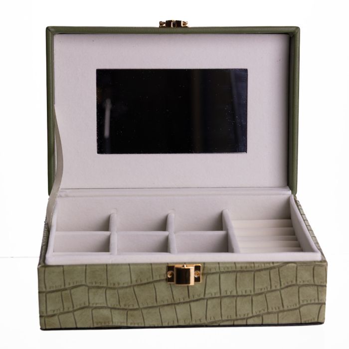 Скринька для прикрас з еко шкіри 10 відділень з дзеркалом 20×14×8 см Зелений HP-5-19GR (HP-5-19GR) - зображення 3