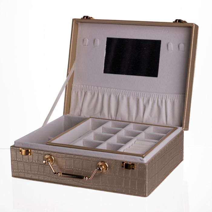 Скринька для прикрас з еко шкіри 19 відділень з дзеркалом 23.5×14×8 см Золотистий HP-5-20GOLD (HP-5-20GOLD) - зображення 2