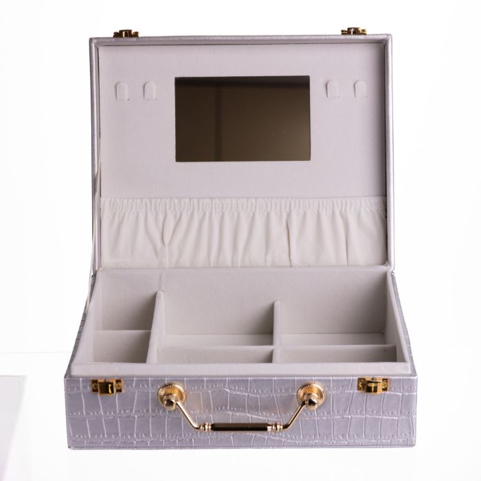 Скринька для прикрас з еко шкіри 19 відділень з дзеркалом 23.5×14×8 см Сірий HP-5-20G (HP-5-20G) - зображення 3