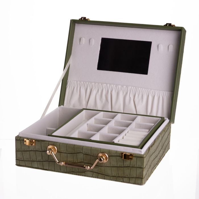 Скринька для прикрас з еко шкіри 19 відділень з дзеркалом 23.5×14×8 см Зелений HP-5-20GR (HP-5-20GR) - зображення 3