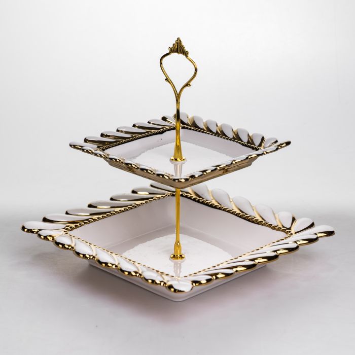 Фруктовниця квадратна 23х23х23 см двоярусна порцелянова стійка для закусок біла ML2086 (ML2086) - зображення 2