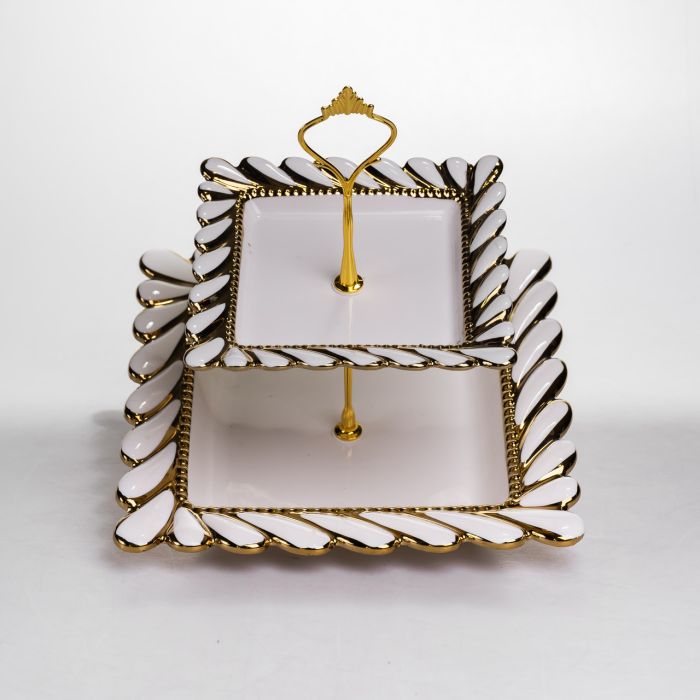 Фруктовниця квадратна 23х23х23 см двоярусна порцелянова стійка для закусок біла ML2086 (ML2086) - зображення 3