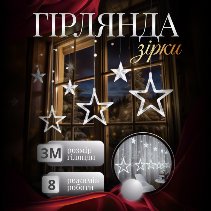 Гирлянда штора Звезды 108 LED динамическая занавес 220В 12 фигур светодиодная новогодняя для окна электрическая Белая (1733055W) - зображення 1