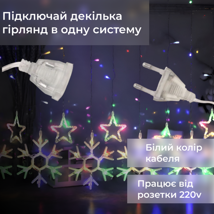 Гирлянда штора снежинки звезды 145 LED динамическая занавес 220В 10 фигур светодиодная мультиколор окно фотозона 3x0.9м (1733065ML) - зображення 4