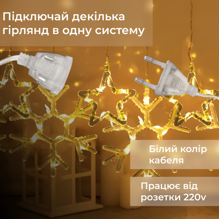Гирлянда штора светодиодная снежинки звезды 145 LED динамическая занавес 10 фигур на окно новогодняя 220В желтый Желтая (1733068Y) - зображення 5