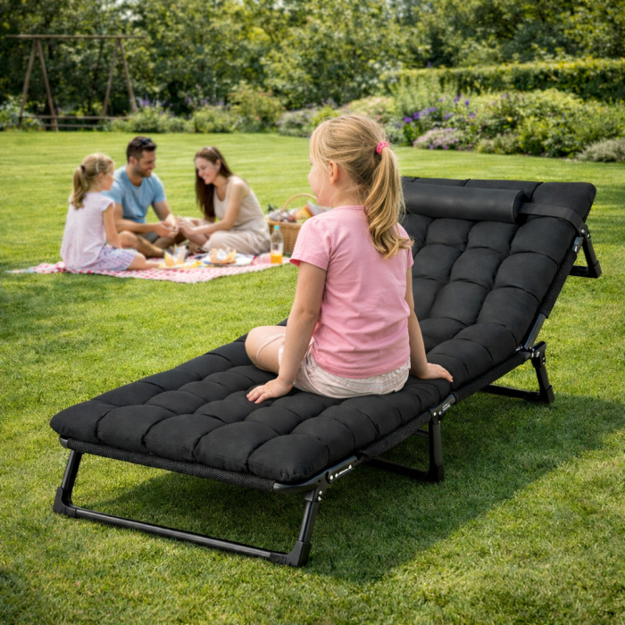 Складний туристичний лежак з матрацом та підголівником (178 × 56 × 30 см), регульований садовий шезлонг (Чорний) (G1281) - зображення 8