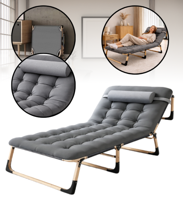 Складний туристичний лежак з матрацом та підголівником (178 × 56 × 30 см), регульований садовий шезлонг (Сірий) (G1280) - зображення 1