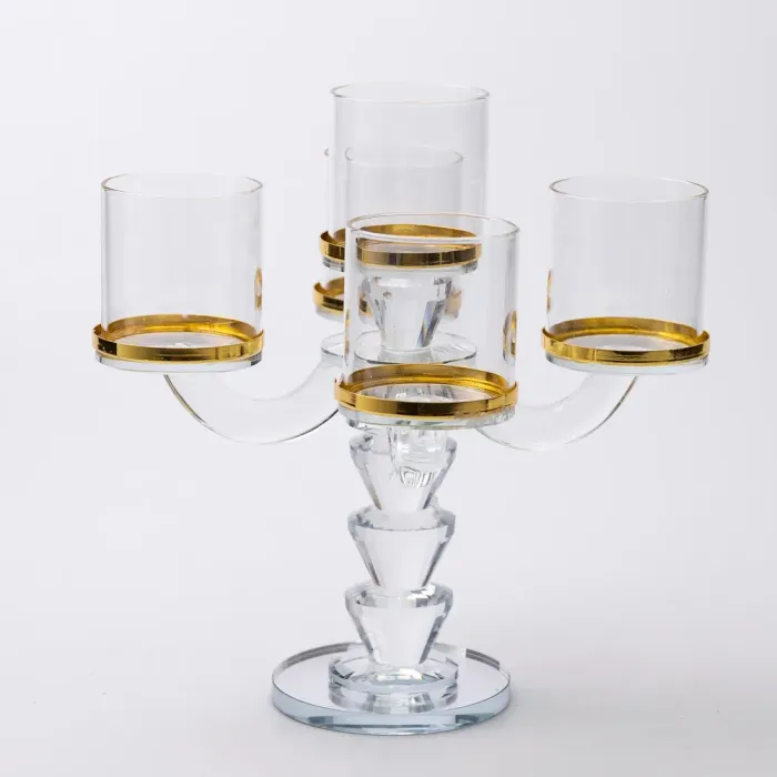 Канделябр на 5 свічок 19×19×23 см підсвічник скляний декоративний із золотою окантовкою (HP-4-36) - изображение 1