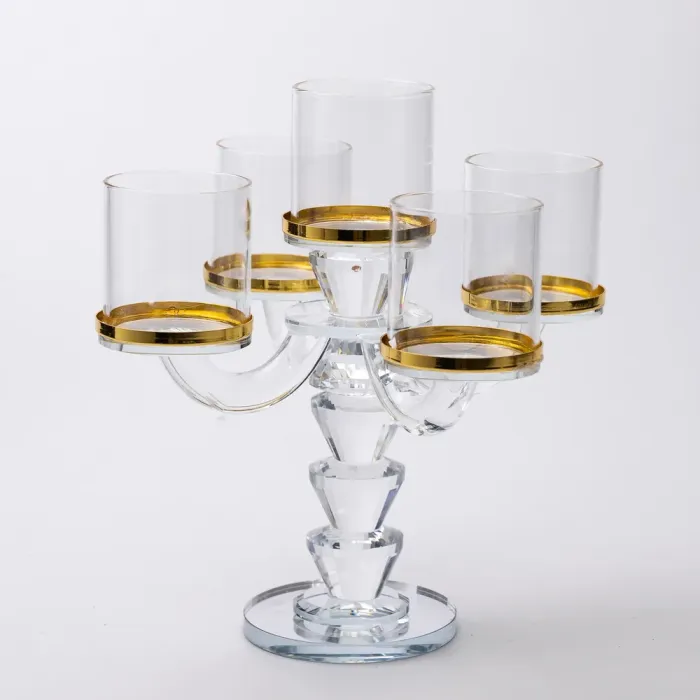 Канделябр на 5 свічок 19×19×23 см підсвічник скляний декоративний із золотою окантовкою (HP-4-36) - изображение 3