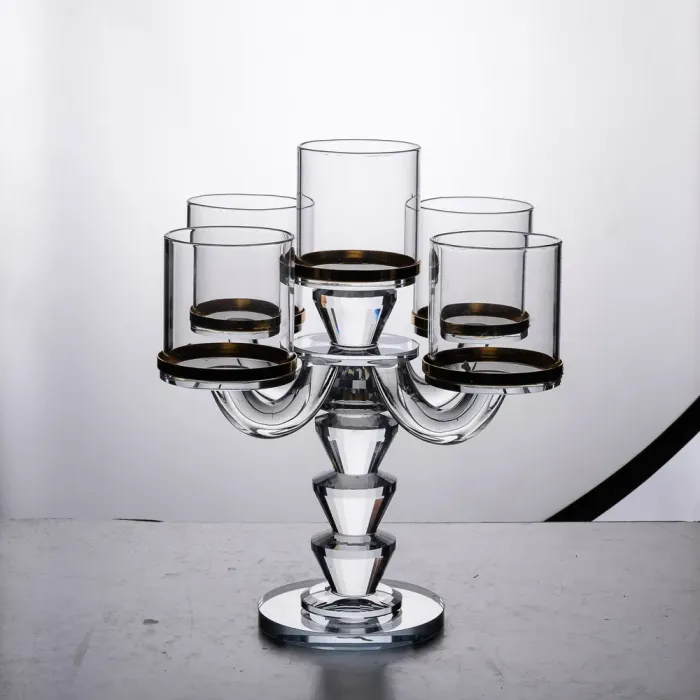 Канделябр на 5 свічок 19×19×23 см підсвічник скляний декоративний із золотою окантовкою (HP-4-36) - изображение 5