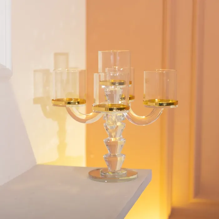 Канделябр на 5 свічок 19×19×23 см підсвічник скляний декоративний із золотою окантовкою (HP-4-36) - изображение 6