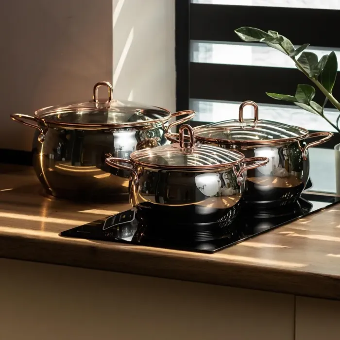 Кастрюли нержавеющая сталь индукционный набор 3 штуки с крышками и толстым дном (HP33525W) - изображение 1