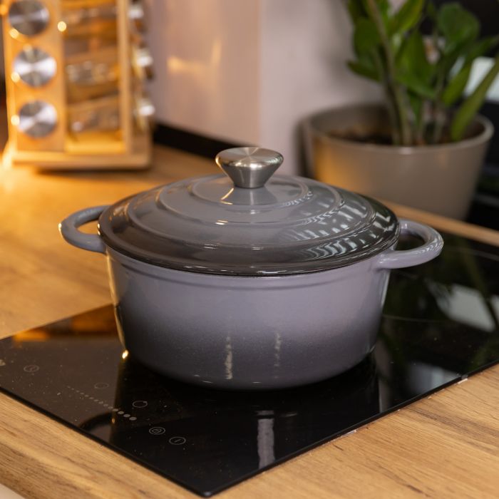 Каструля чавунна 2.5 л емальована з кришкою посуд для тушкування запікання томління кухонна Сіра HP-1-14-GREY (HP-1-14-GREY) - зображення 8