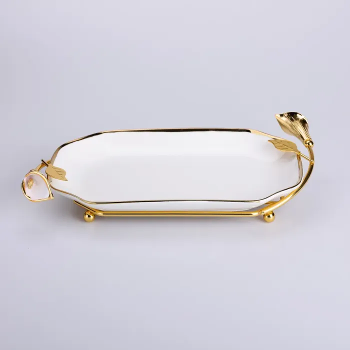 Керамічна фруктовниця на підставці 26×15×3.5 см Біла із золотом (HP-7-5) - изображение 3