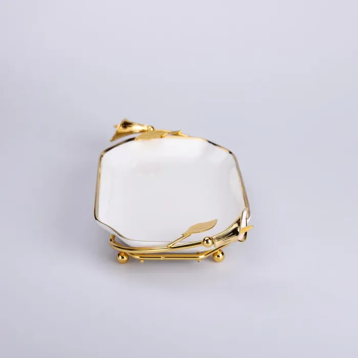 Керамічна фруктовниця на підставці 26×15×3.5 см Біла із золотом (HP-7-5) - изображение 5