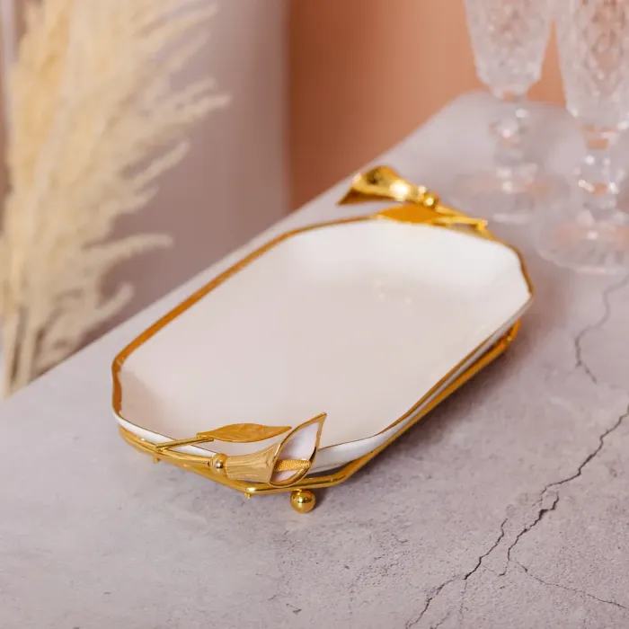 Керамічна фруктовниця на підставці 26×15×3.5 см Біла із золотом (HP-7-5) - изображение 6