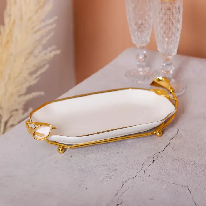 Керамічна фруктовниця на підставці 26×15×3.5 см Біла із золотом (HP-7-5) - изображение 7