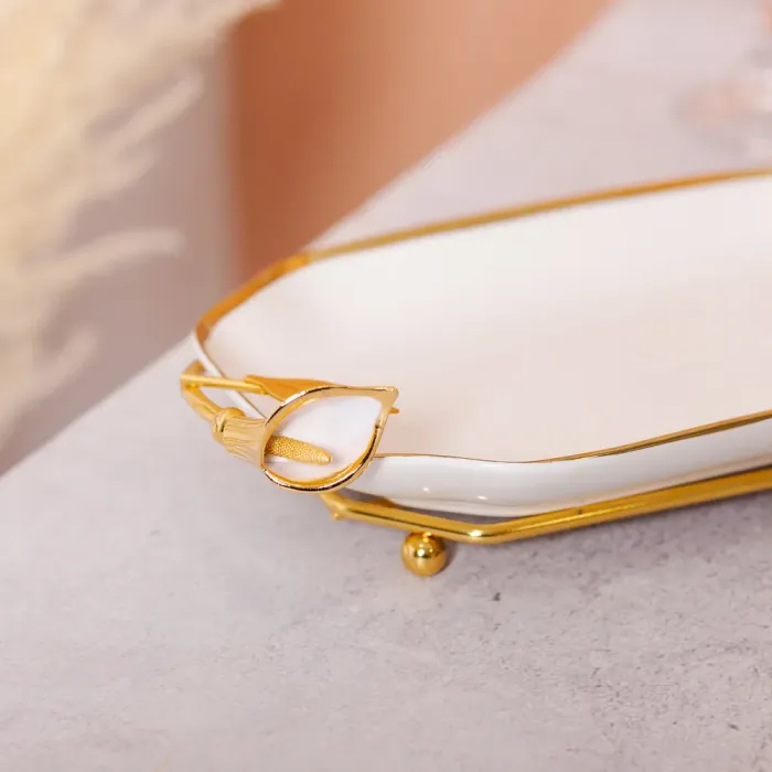 Керамічна фруктовниця на підставці 26×15×3.5 см Біла із золотом (HP-7-5) - изображение 8