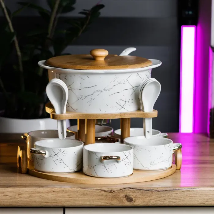 Керамічний набір для подачі перших страв - супниця, піали бульйонниці 6 шт, ложки та бамбукова підставка (HP1218) - зображення 2