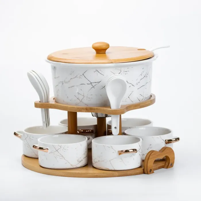 Керамічний набір для подачі перших страв - супниця, піали бульйонниці 6 шт, ложки та бамбукова підставка (HP1218) - зображення 3