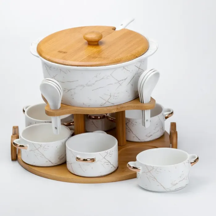Керамічний набір для подачі перших страв - супниця, піали бульйонниці 6 шт, ложки та бамбукова підставка (HP1218) - зображення 4