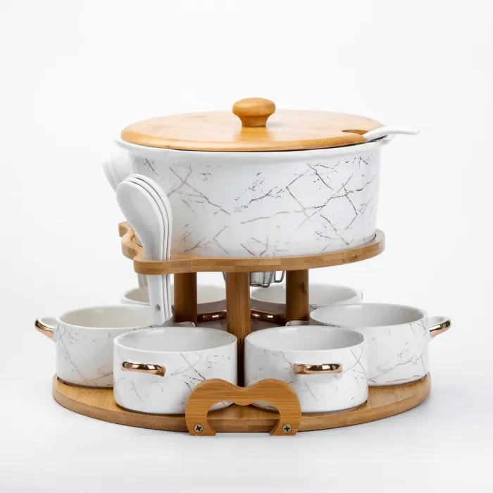Керамічний набір для подачі перших страв - супниця, піали бульйонниці 6 шт, ложки та бамбукова підставка (HP1218) - зображення 5