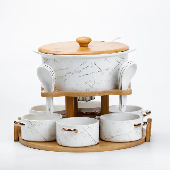 Керамічний набір для подачі перших страв - супниця, піали бульйонниці 6 шт, ложки та бамбукова підставка (HP1218) - зображення 6