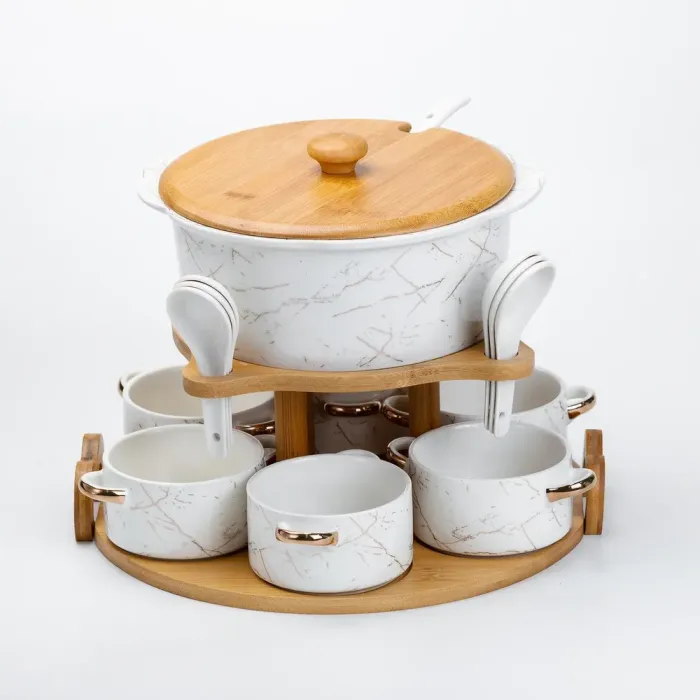 Керамічний набір для подачі перших страв - супниця, піали бульйонниці 6 шт, ложки та бамбукова підставка (HP1218) - зображення 7