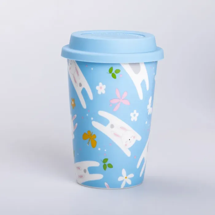 Керамічна склянка з силіконовою кришкою та отвором для трубочки 420 (мл) кружка без ручки (RX-N240546BL) - зображення 1