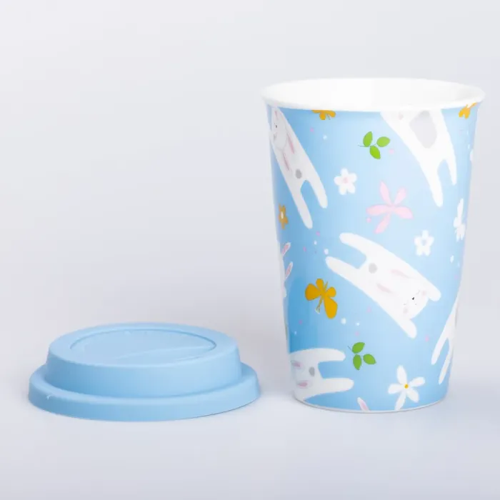 Керамічна склянка з силіконовою кришкою та отвором для трубочки 420 (мл) кружка без ручки (RX-N240546BL) - зображення 3