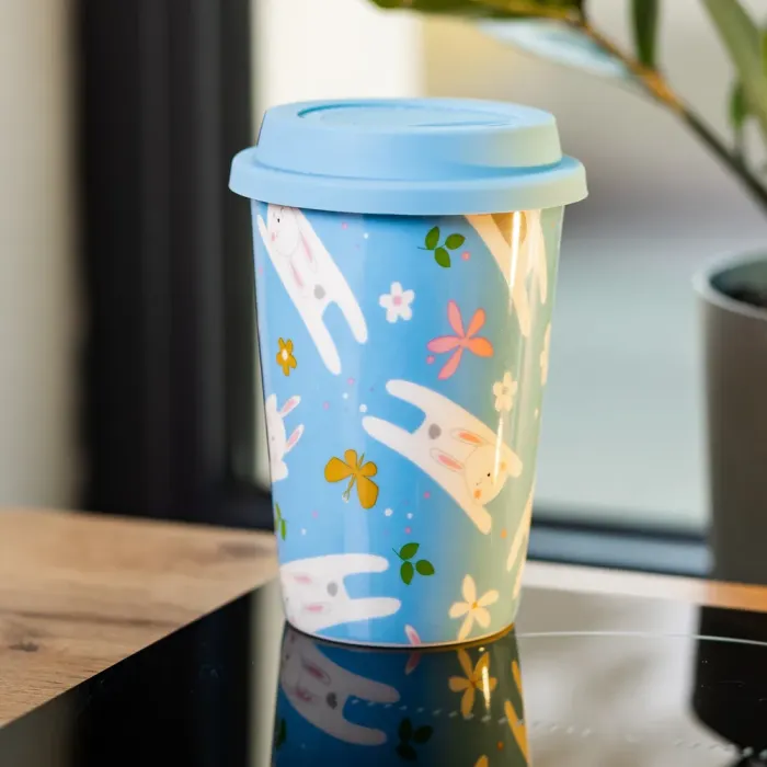 Керамічна склянка з силіконовою кришкою та отвором для трубочки 420 (мл) кружка без ручки (RX-N240546BL) - зображення 4