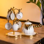 Кавовий сервіз на підставці з туркою 450 (мл) 6 чашок по 90 (мл) подарунковий набір чашок на підставці Білий із золотом FM-JJ-5 (FM-JJ-5)