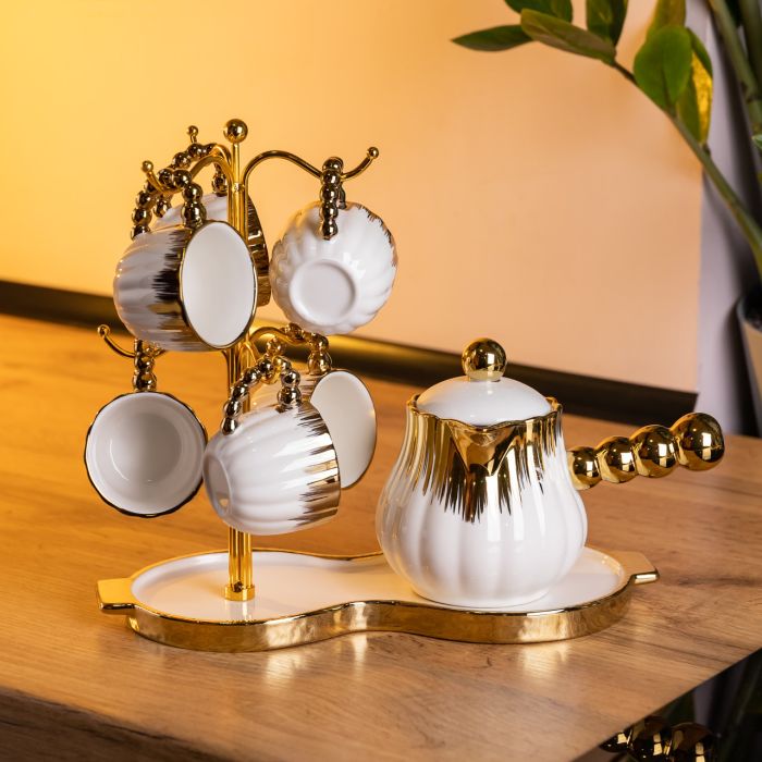 Кавовий сервіз на підставці з туркою 450 (мл) 6 чашок по 90 (мл) подарунковий набір чашок на підставці Білий із золотом FM-JJ-5 (FM-JJ-5) - изображение 1