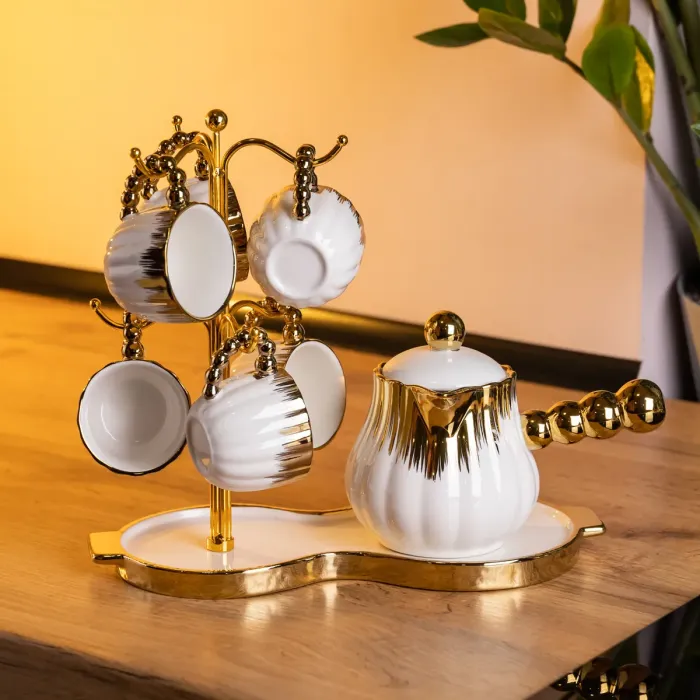 Кавовий сервіз на підставці з туркою 450 (мл) 6 чашок по 90 (мл) подарунковий набір чашок на підставці Білий із золотом FM-JJ-5 (FM-JJ-5) - зображення 1