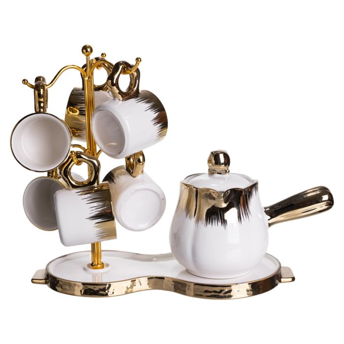 Кавовий сервіз на підставці з туркою 450 (мл) 6 чашок по 90 (мл) подарунковий набір чашок на підставці Білий із золотом FM-JJ-3 (FM-JJ-3) - изображение 2