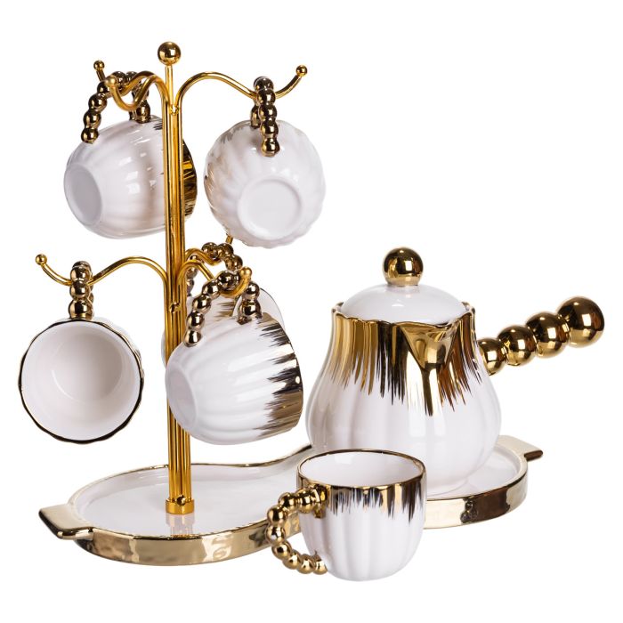 Кавовий сервіз на підставці з туркою 450 (мл) 6 чашок по 90 (мл) подарунковий набір чашок на підставці Білий із золотом FM-JJ-5 (FM-JJ-5) - изображение 2