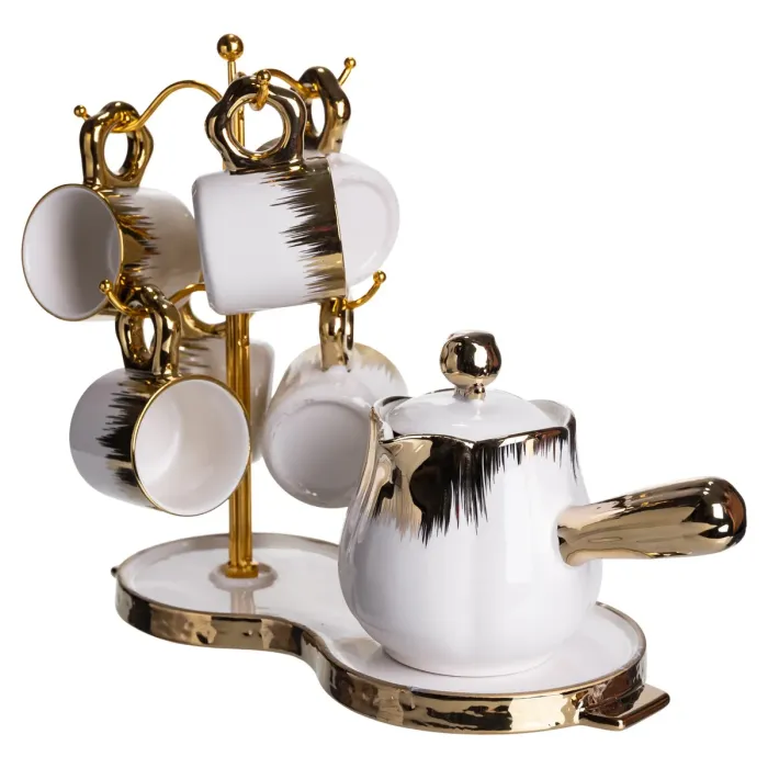 Кавовий сервіз на підставці з туркою 450 (мл) 6 чашок по 90 (мл) подарунковий набір чашок на підставці Білий із золотом FM-JJ-3 (FM-JJ-3) - зображення 3