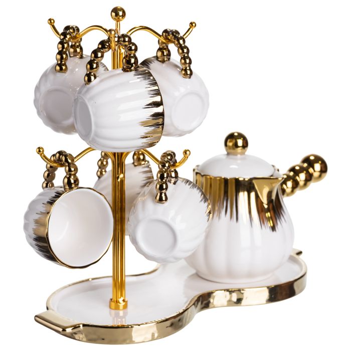Кавовий сервіз на підставці з туркою 450 (мл) 6 чашок по 90 (мл) подарунковий набір чашок на підставці Білий із золотом FM-JJ-5 (FM-JJ-5) - изображение 4