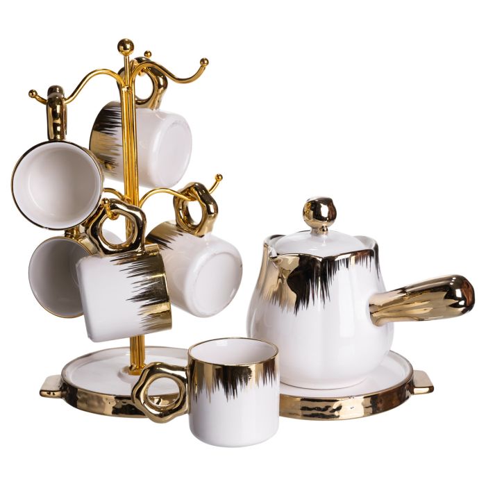 Кавовий сервіз на підставці з туркою 450 (мл) 6 чашок по 90 (мл) подарунковий набір чашок на підставці Білий із золотом FM-JJ-3 (FM-JJ-3) - изображение 4