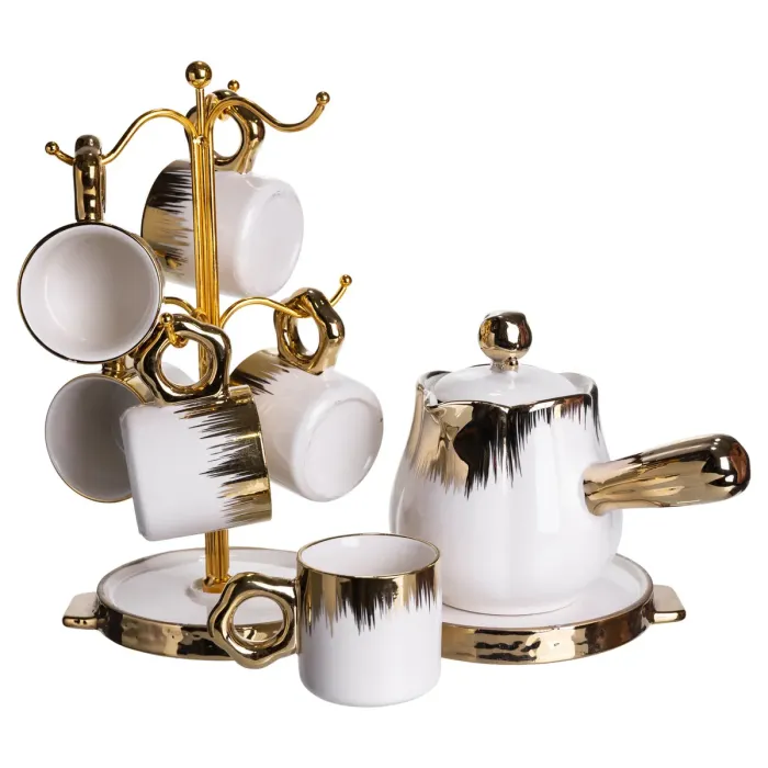 Кавовий сервіз на підставці з туркою 450 (мл) 6 чашок по 90 (мл) подарунковий набір чашок на підставці Білий із золотом FM-JJ-3 (FM-JJ-3) - зображення 4