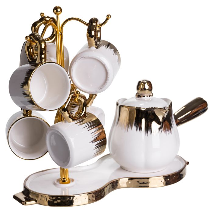 Кавовий сервіз на підставці з туркою 450 (мл) 6 чашок по 90 (мл) подарунковий набір чашок на підставці Білий із золотом FM-JJ-3 (FM-JJ-3) - изображение 5