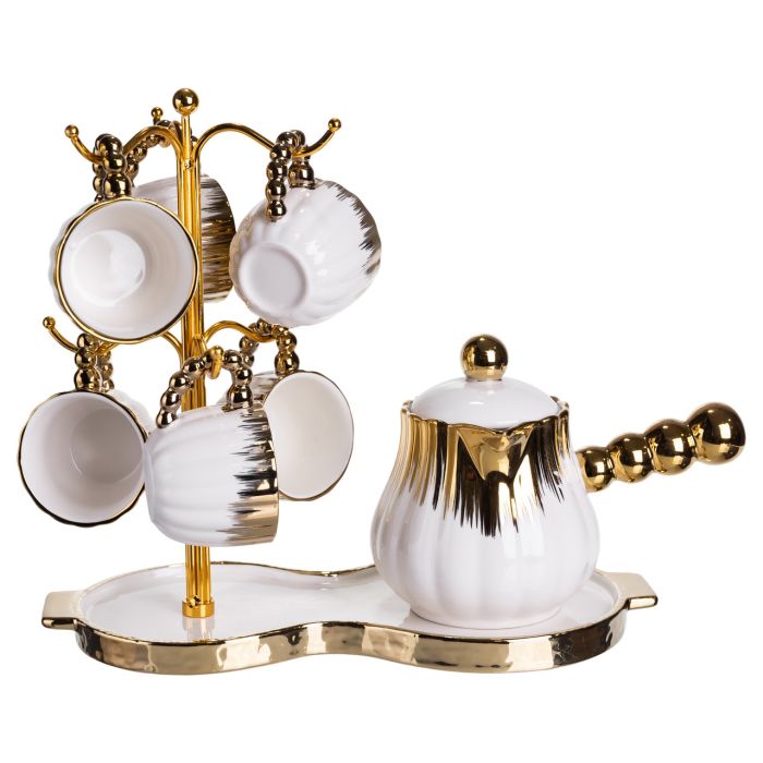Кавовий сервіз на підставці з туркою 450 (мл) 6 чашок по 90 (мл) подарунковий набір чашок на підставці Білий із золотом FM-JJ-5 (FM-JJ-5) - изображение 5