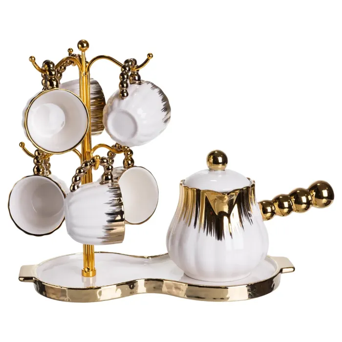 Кавовий сервіз на підставці з туркою 450 (мл) 6 чашок по 90 (мл) подарунковий набір чашок на підставці Білий із золотом FM-JJ-5 (FM-JJ-5) - зображення 5