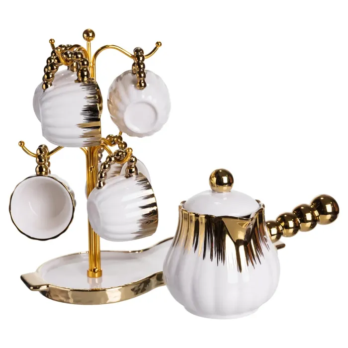 Кавовий сервіз на підставці з туркою 450 (мл) 6 чашок по 90 (мл) подарунковий набір чашок на підставці Білий із золотом FM-JJ-5 (FM-JJ-5) - зображення 6