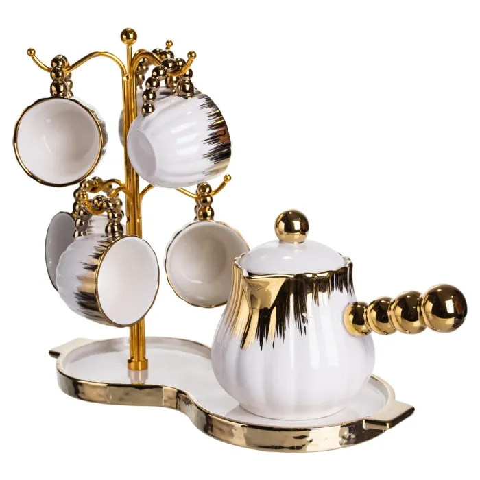Кавовий сервіз на підставці з туркою 450 (мл) 6 чашок по 90 (мл) подарунковий набір чашок на підставці Білий із золотом FM-JJ-5 (FM-JJ-5) - зображення 7