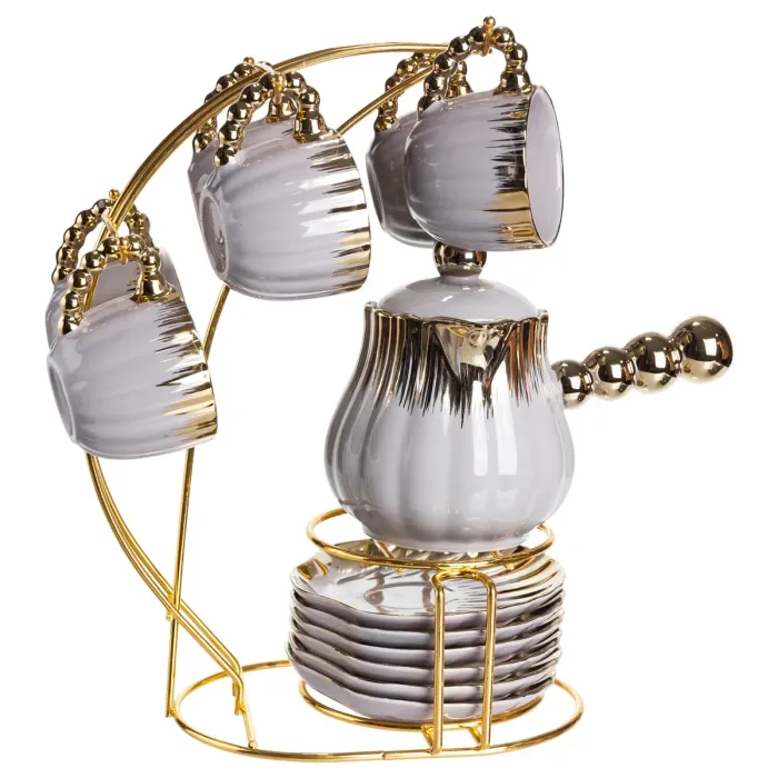 Кавовий сервіз на підставці з туркою 450 (мл) 6 чашок по 90 (мл) подарунковий набір чашок на підставці Сірий із золотом FM-JJ-4 (FM-JJ-4) - зображення 3