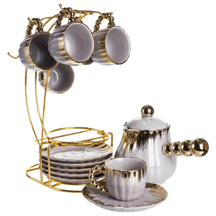 Кавовий сервіз на підставці з туркою 450 (мл) 6 чашок по 90 (мл) подарунковий набір чашок на підставці Сірий із золотом FM-JJ-4 (FM-JJ-4) - зображення 4
