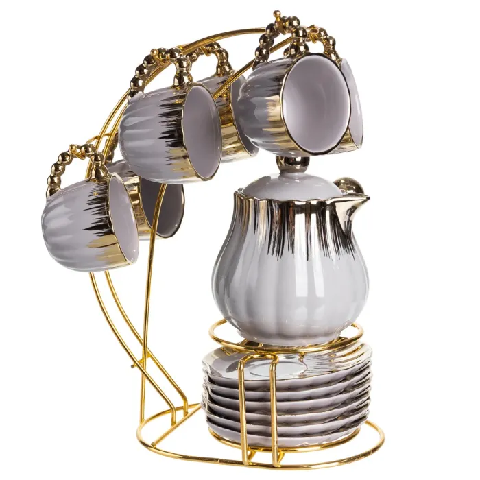 Кавовий сервіз на підставці з туркою 450 (мл) 6 чашок по 90 (мл) подарунковий набір чашок на підставці Сірий із золотом FM-JJ-4 (FM-JJ-4) - зображення 5