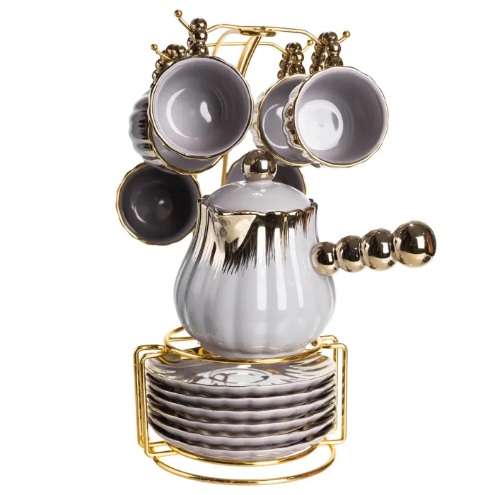Кавовий сервіз на підставці з туркою 450 (мл) 6 чашок по 90 (мл) подарунковий набір чашок на підставці Сірий із золотом FM-JJ-4 (FM-JJ-4) - зображення 6